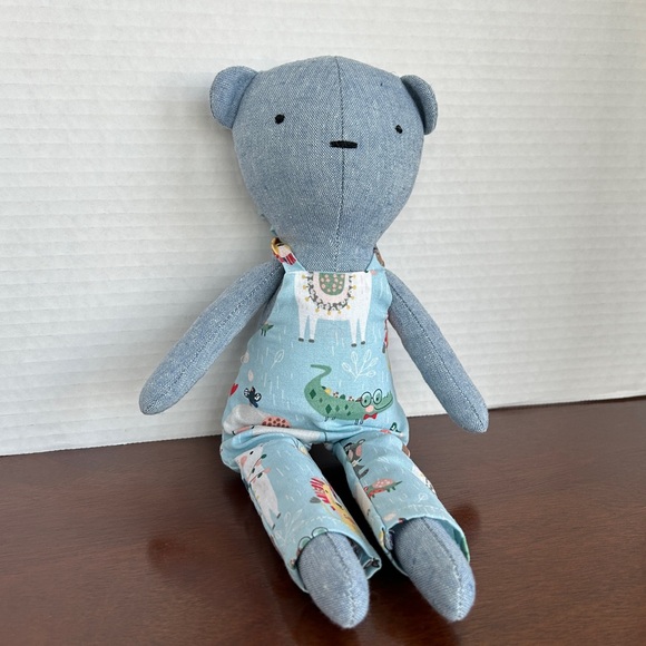 Handcrafted Soft Blue Bear with Coordinating Overalls 13 inches - Picture 1 of 5